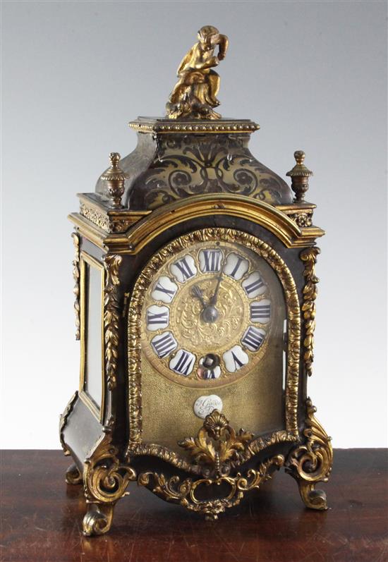 A late 19th century French boulle work mantel timepiece, 14in.